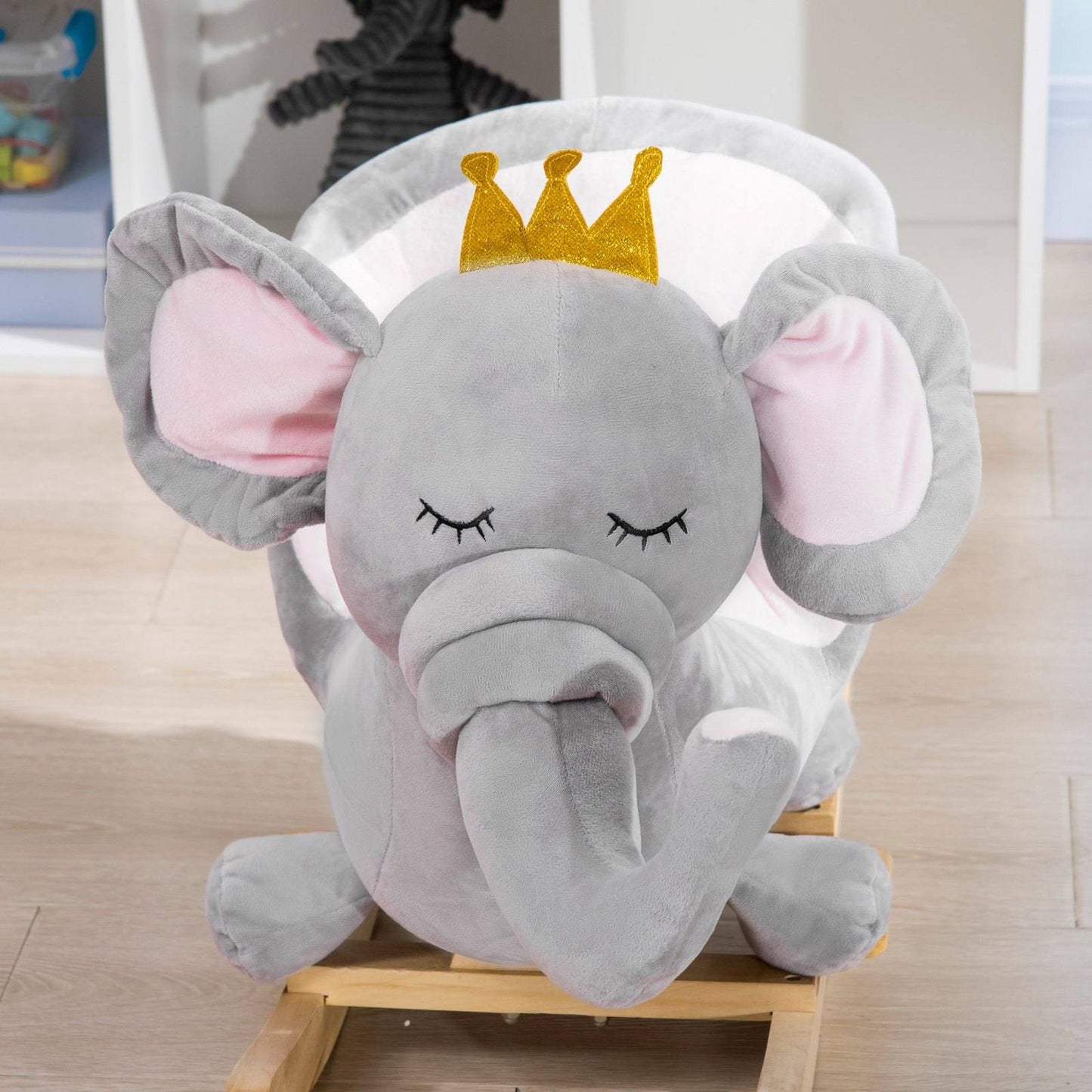 Baby Rocking Horse Elephant Rocking Chair Rocker Toy With Wooden Base Seat Safety Belt For 1.5-3 Year Old Grey