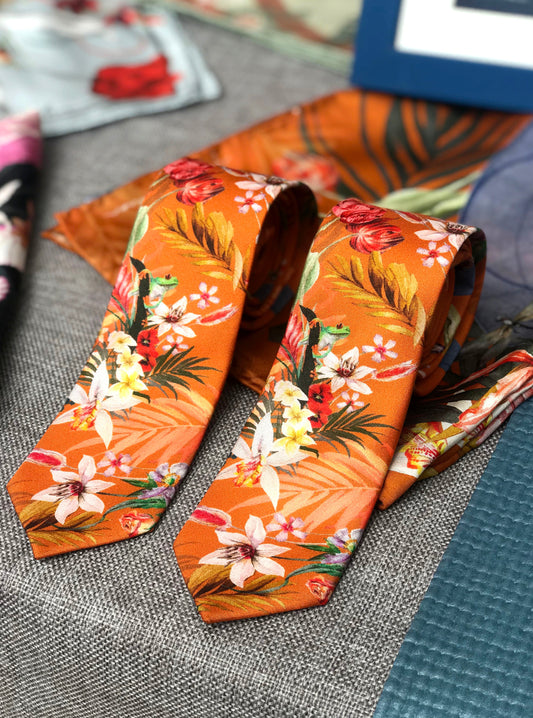 Rust orange coloured Silk Tie, 'Eden' tropical meadow print