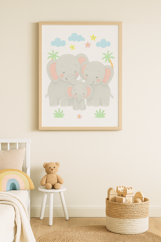 Elephant Family Cuddles – Safari Nursery Wall Art Print