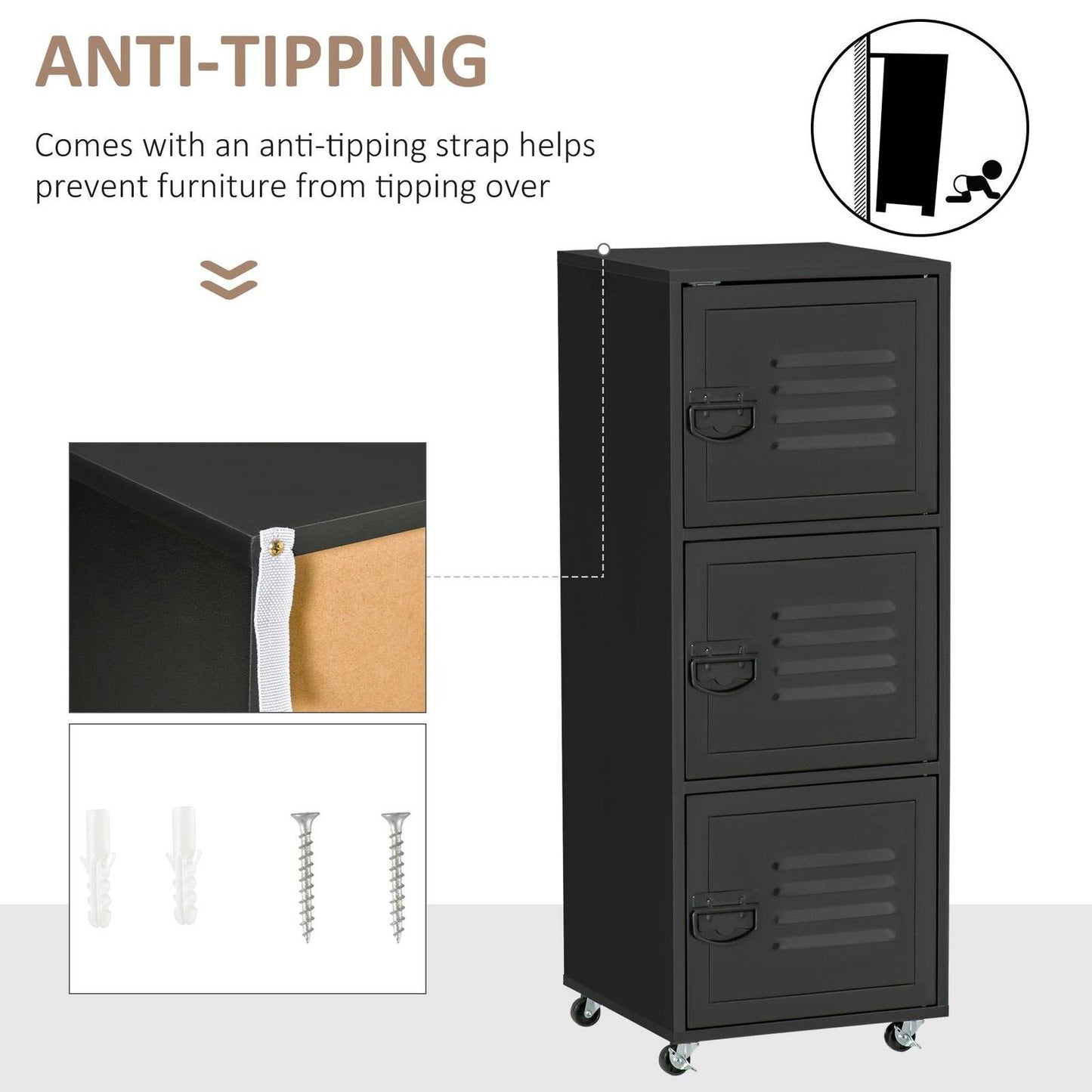 Rolling Storage Cabinet 3-Tier Mobile File Cabinet with Wheels & Metal Doors for Home Office