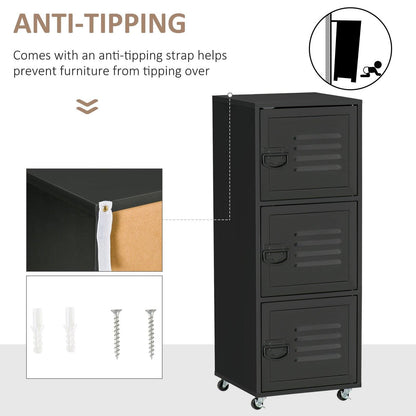 Rolling Storage Cabinet 3-Tier Mobile File Cabinet with Wheels & Metal Doors for Home Office