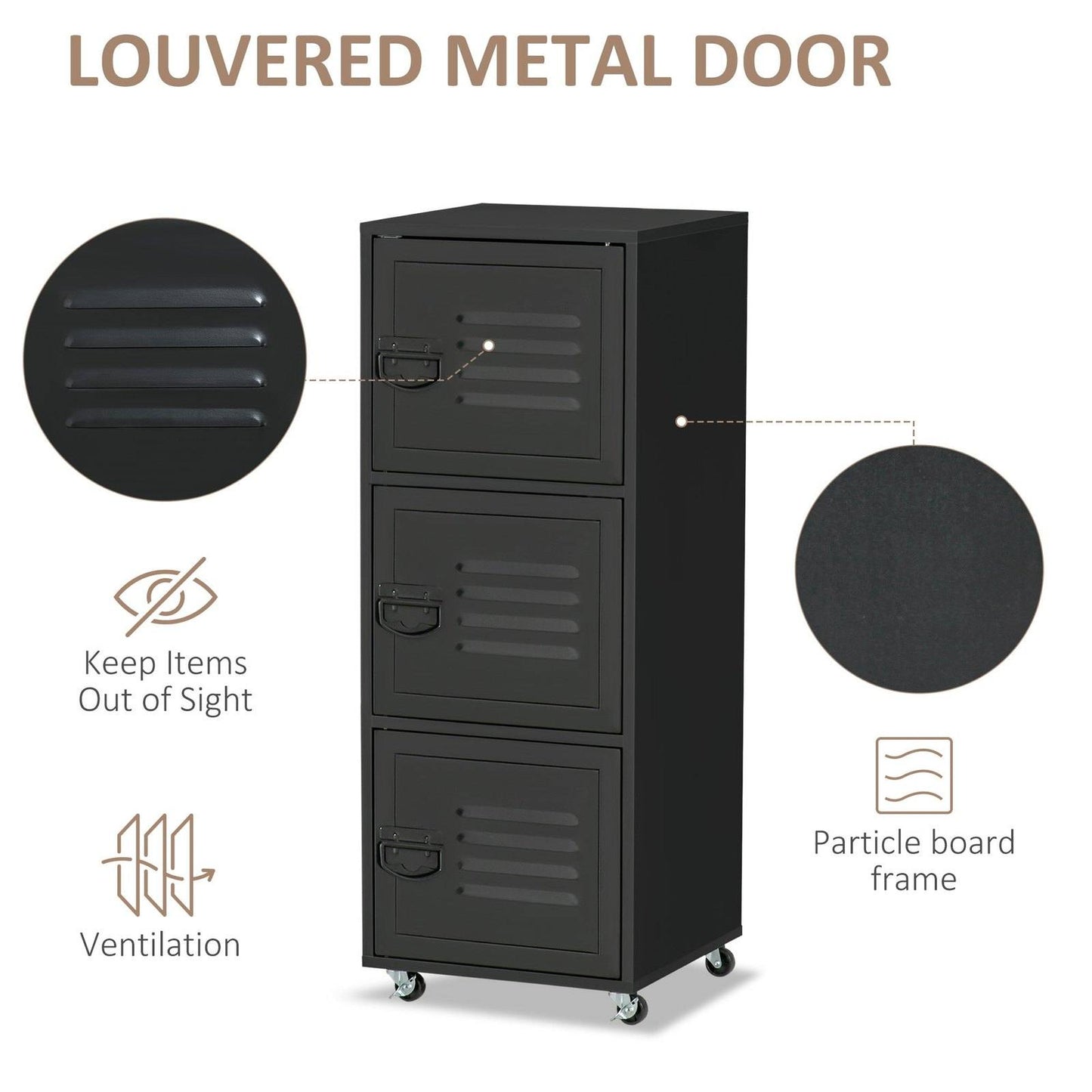 Rolling Storage Cabinet 3-Tier Mobile File Cabinet with Wheels & Metal Doors for Home Office