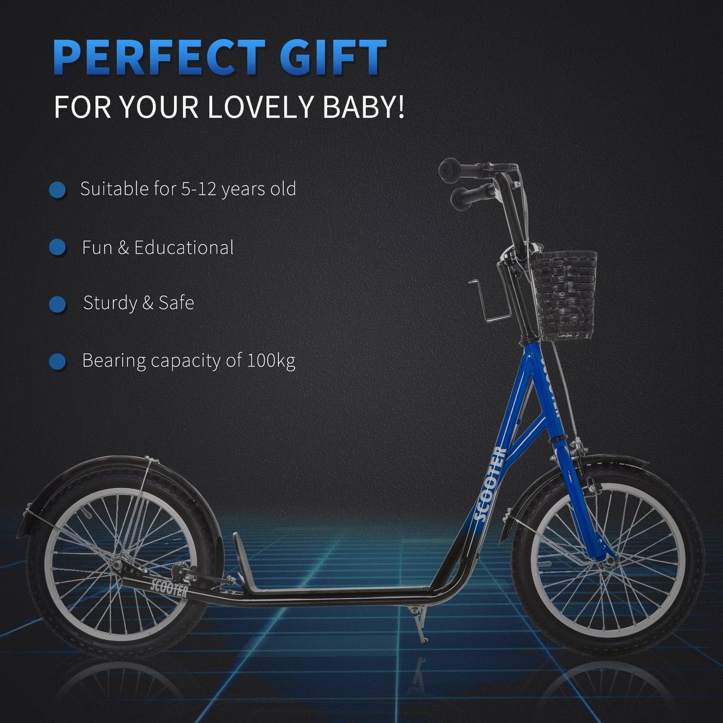 Kids Scooter Adjustable With Inflatable Wheel Brake Basket Cupholder Mudguard