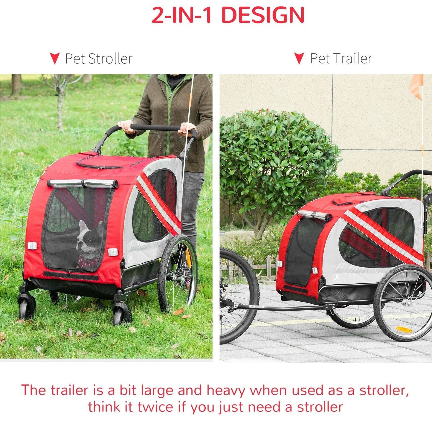 PawHut 2-In-1 Dog Bike Trailer Pet Stroller with Universal Wheel Reflector Flag Red
