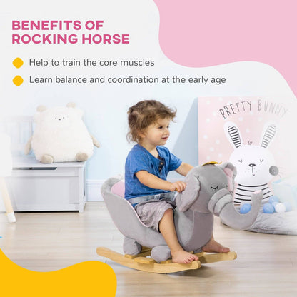 Baby Rocking Horse Elephant Rocking Chair Rocker Toy With Wooden Base Seat Safety Belt For 1.5-3 Year Old Grey