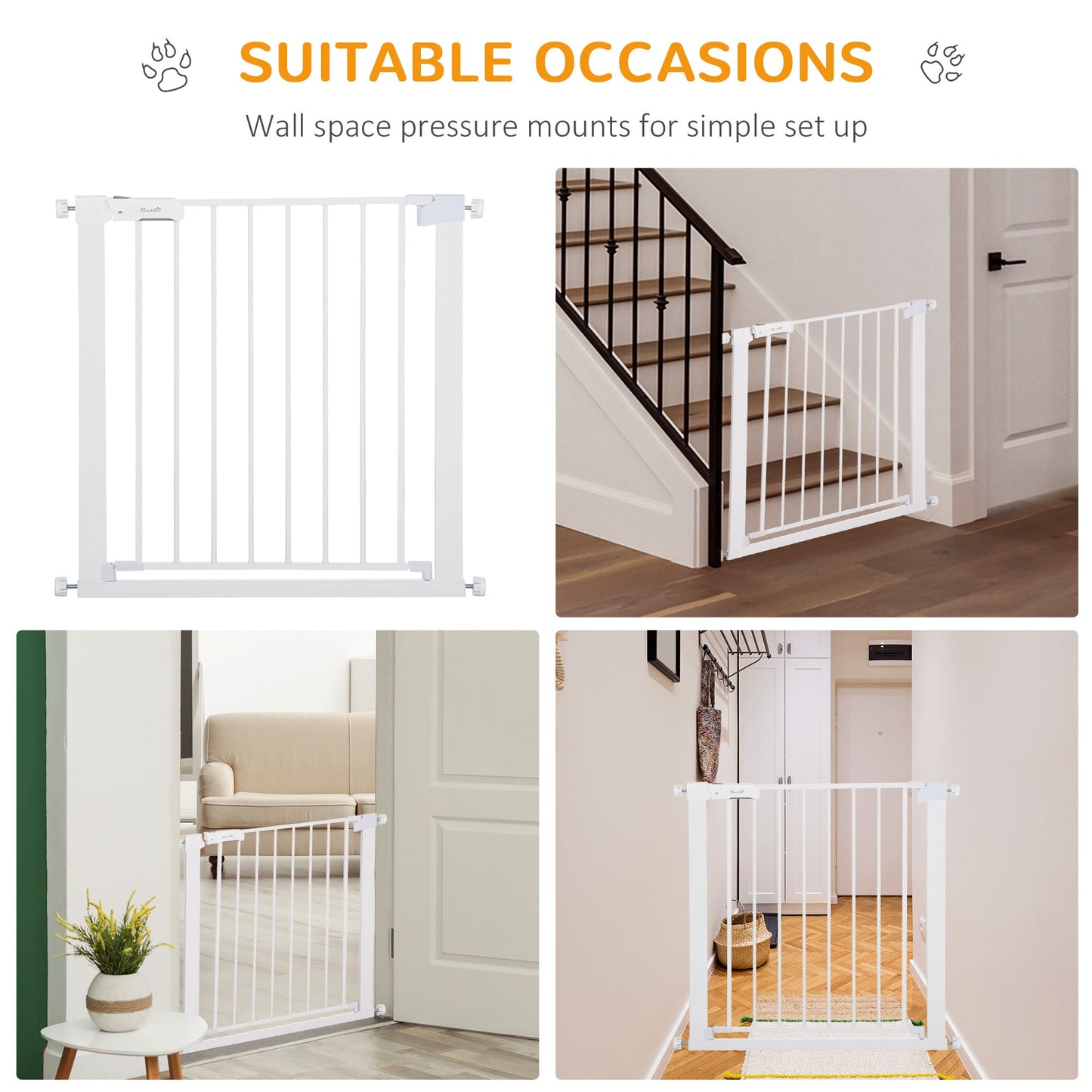 Pawhut Adjustable Pet Safety Gate Dog Barrier Home Fence Room Divider Stair Guard Mounting White 76 H X 75-82W cm