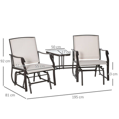 Garden Double Glider Rocking Chairs Metal Gliding Love Seat with Middle Table Conversation Set Patio Backyard Relax Outdoor Furniture Beige