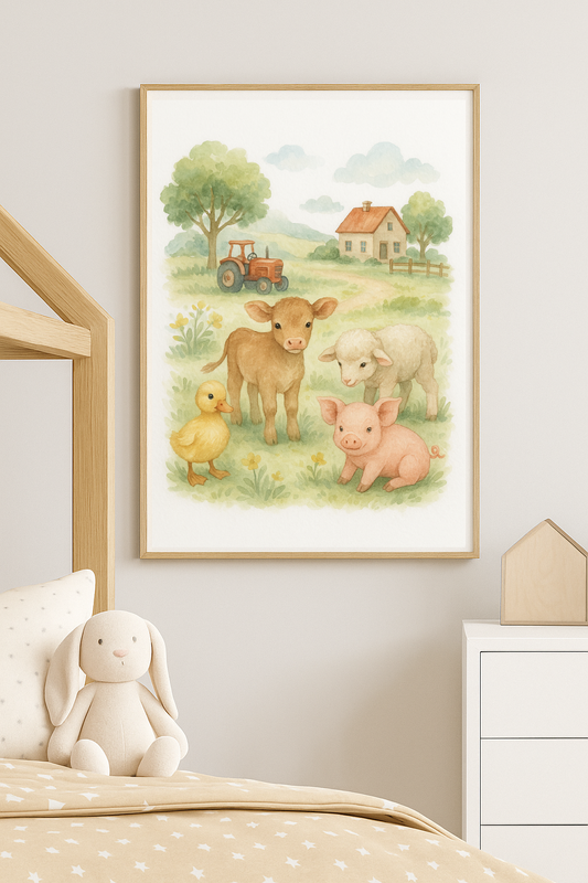 Farmyard Baby Animals Wall Art – Calf, Piglet, Lamb & Duckling Watercolour Nursery Print