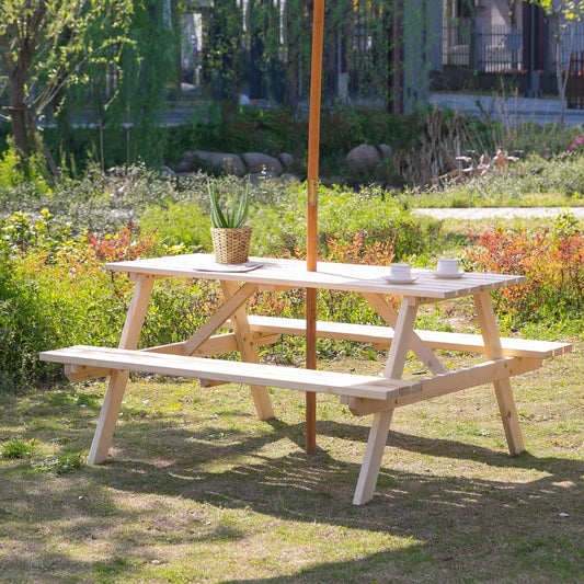 4 Seater Wooden Picnic Table Bench for Outdoor Garden or Patio with Parasol Cutout 150 cm
