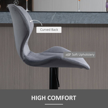 Homcom Bar Stool Set Of 2 Velvet-Touch Fabric Adjustable Height Swivel Counter Chairs With Footrest Grey