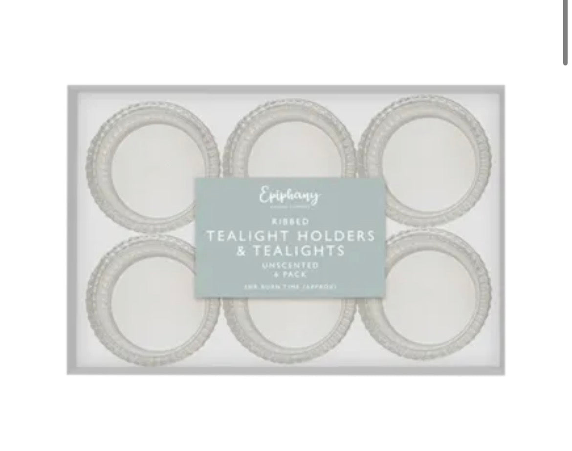 Ribbed tealight holders with tealights 6 pack