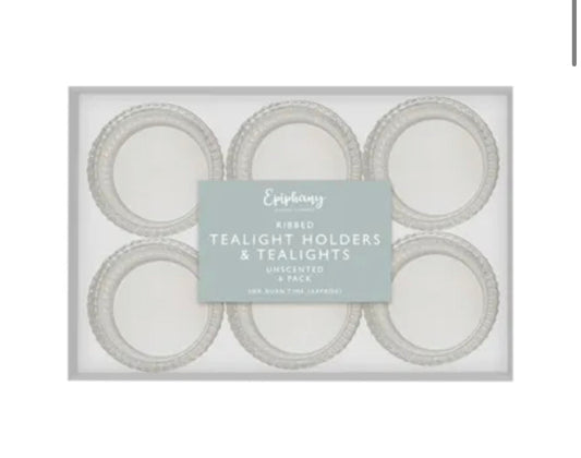 Ribbed tealight holders with tealights 6 pack