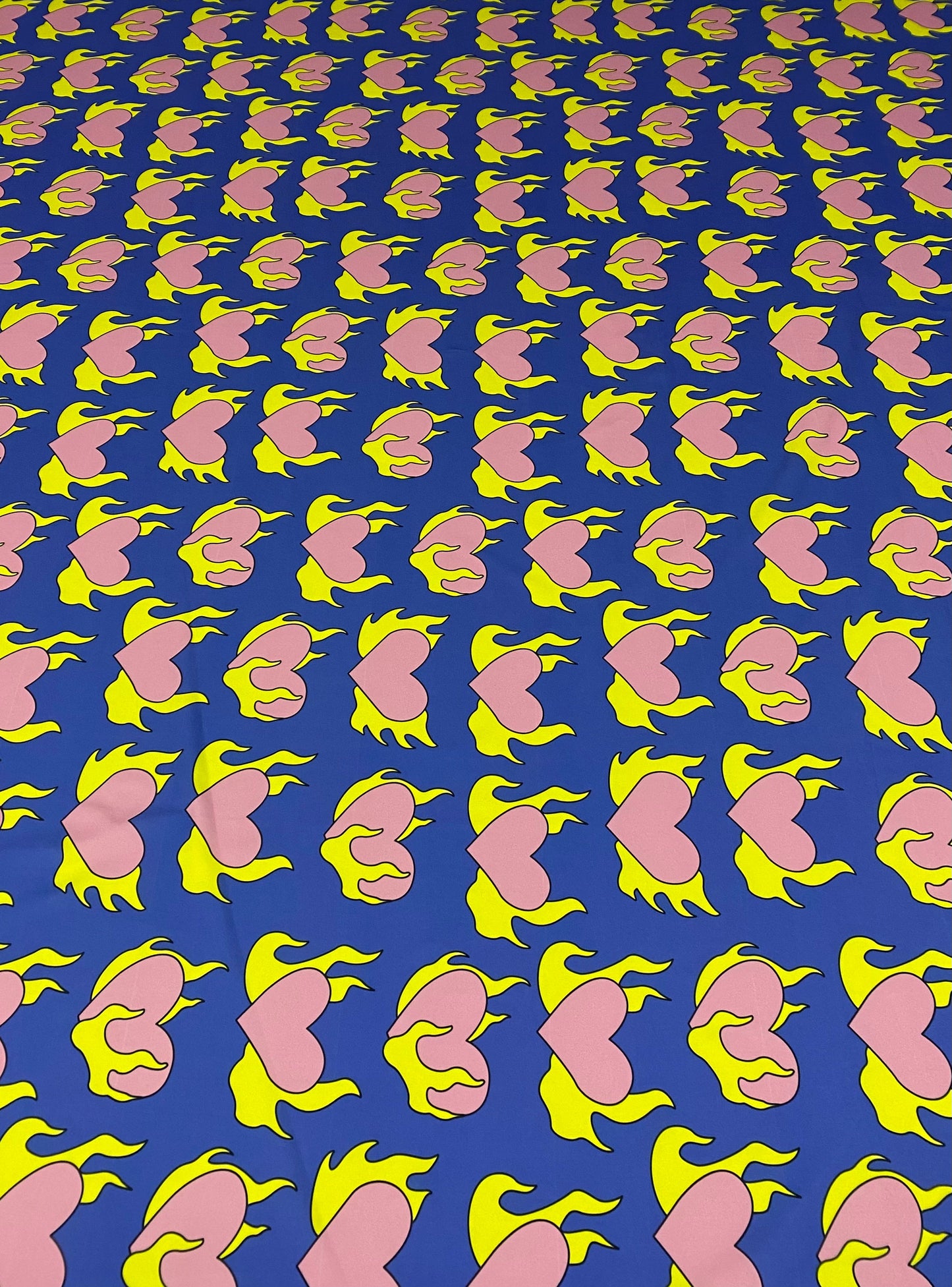 Pink Heart  Yellow Flames Fabric – Custom Printed Fabric on Satin, Crepe, Spandex or Chiffon