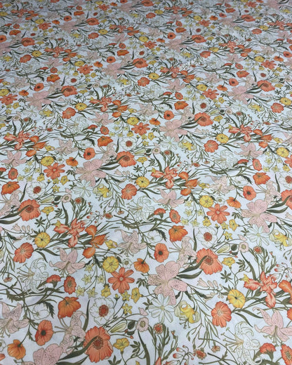 Orange Floral Patterned Linen Fabric for Sewing and Crafting
