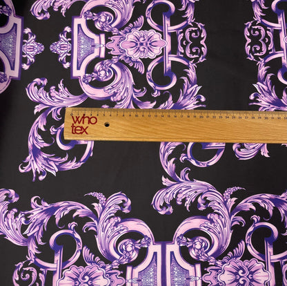 Black Satin Fabric with Purple Baroque Pattern