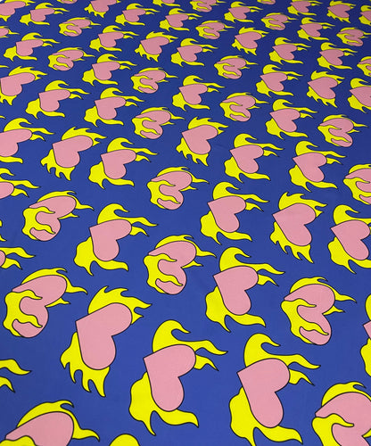 Pink Heart  Yellow Flames Fabric – Custom Printed Fabric on Satin, Crepe, Spandex or Chiffon