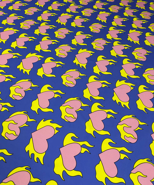 Pink Heart  Yellow Flames Fabric – Custom Printed Fabric on Satin, Crepe, Spandex or Chiffon