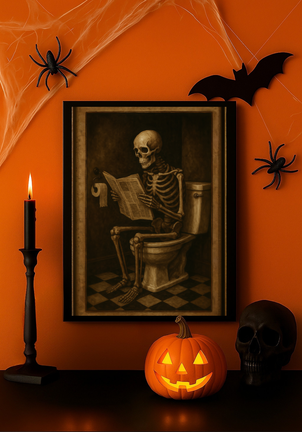 Funny Skeleton on Toilet Reading Newspaper – Vintage Spooky Halloween Bathroom Wall Art
