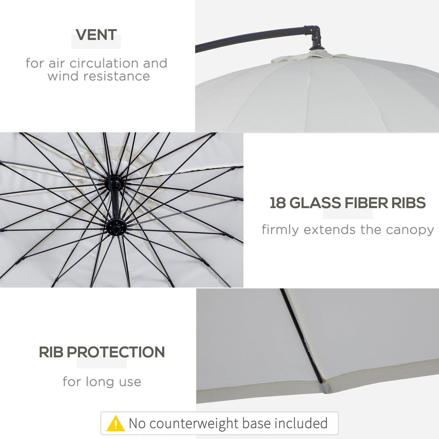 3M Cantilever Umbrella 18 Ribs & Vents Adjustable Angle for Patio Cream White