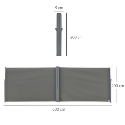 6 x 2m Retractable Sun Side Awning Screen Fence Patio Garden Wall Balcony Screening Panel Outdoor Blind Privacy Divider  Grey