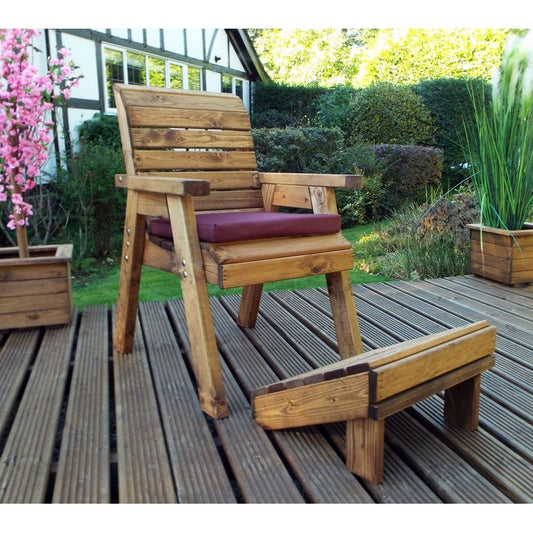 Garden Armchair And Footstool Scandinavian Redwood With Burgundy Cushions