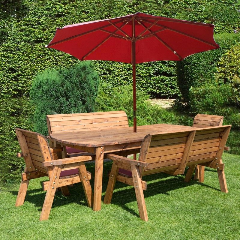 Scandinavian Redwood Garden Patio Dining Set by Charles Taylor - 8 Seat Burgundy Cushions