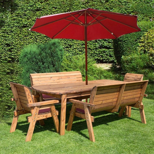 Scandinavian Redwood Garden Patio Dining Set by Charles Taylor - 8 Seat Burgundy Cushions
