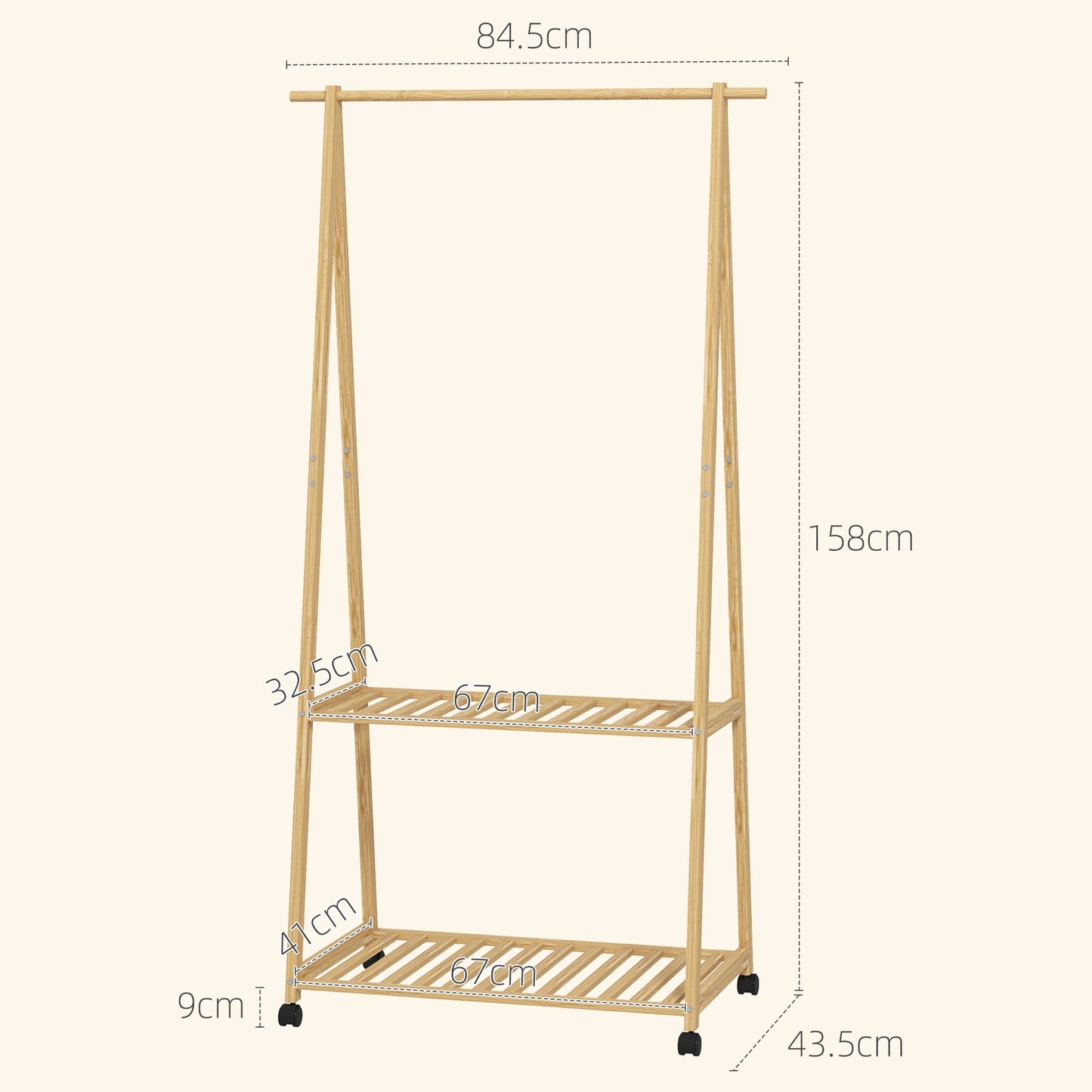 HOMCOM Bamboo Clothes Rail Rack with 2 Storage Shelves, Natural Wood Effect