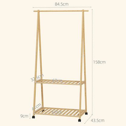 HOMCOM Bamboo Clothes Rail Rack with 2 Storage Shelves, Natural Wood Effect