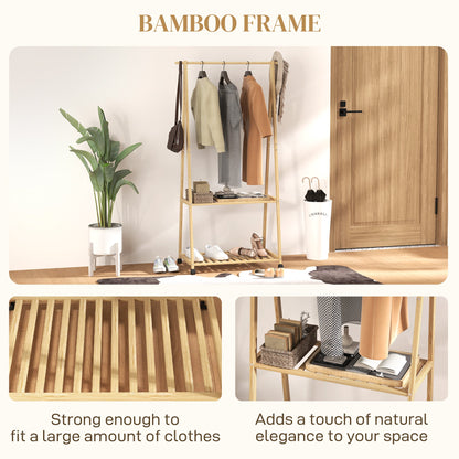 HOMCOM Bamboo Clothes Rail Rack with 2 Storage Shelves, Natural Wood Effect