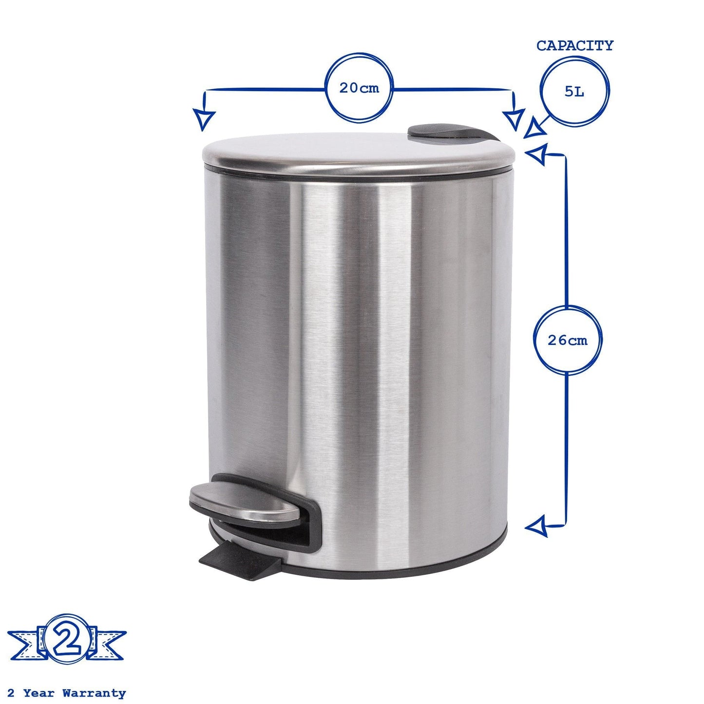 5L White Round Stainless Steel Pedal Bin