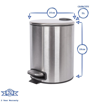 5L Black Round Stainless Steel Pedal Bin