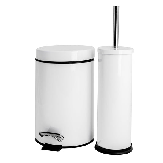 White Round Stainless Steel Toilet Brush & Bin Set
