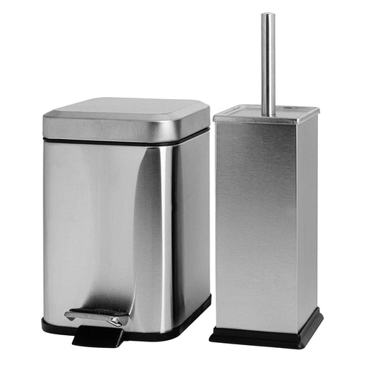 Brushed Steel Square Toilet Brush & Bin Set