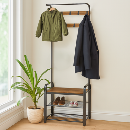 Curved Steel Coat Rack with Shoe Storage Bench
