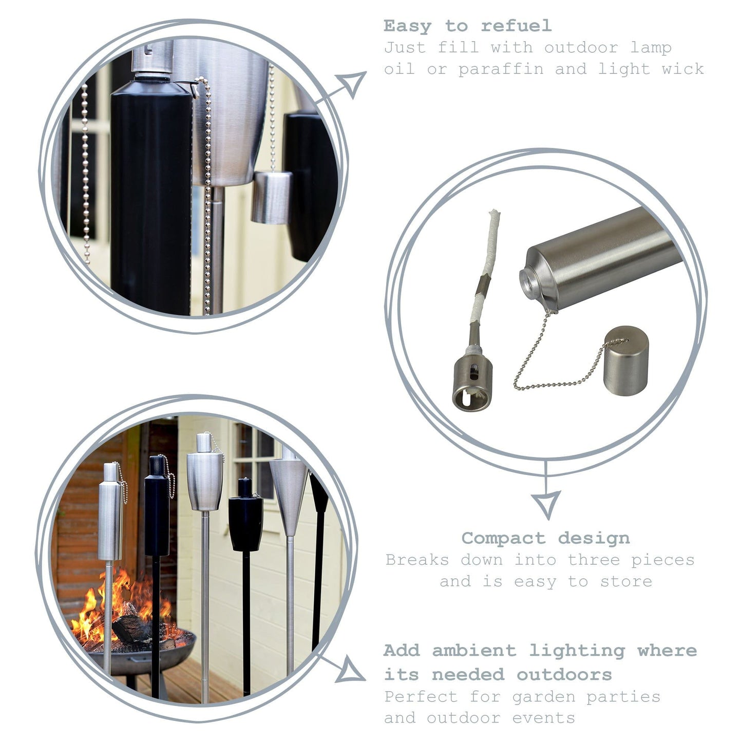 1.46m Metal Barrel Garden Torches - Pack of Six