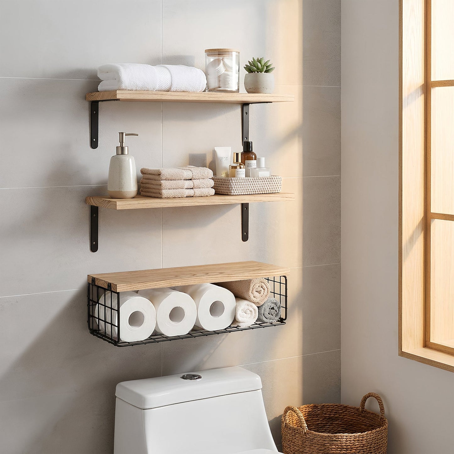 Set of 3 Rustic Wooden Bathroom Shelves with Wire Storage Basket