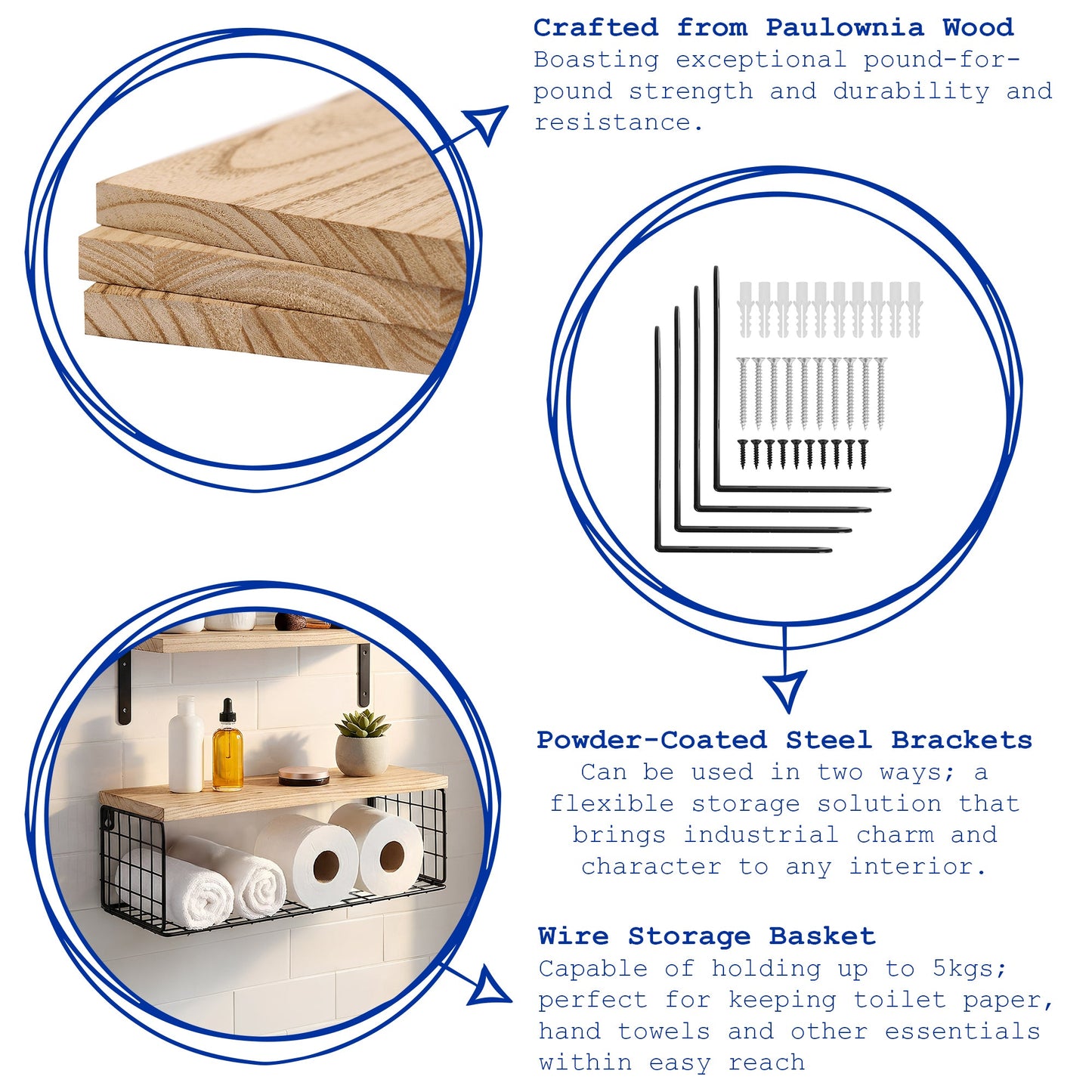 Set of 3 Rustic Wooden Bathroom Shelves with Wire Storage Basket