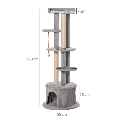 PawHut ?55 x 150H cm Cat Tree Multi-level Kitten Tower w/ Scratching Post Condo Plush Perches Grey