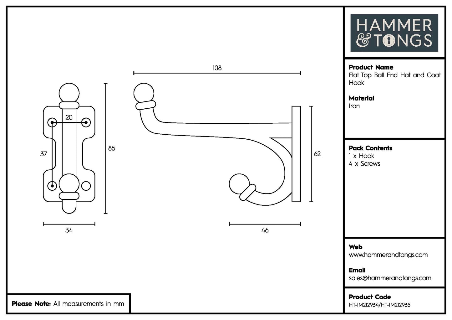 35mm x 85mm Flat Top Ball End Raw Hat & Coat Hook