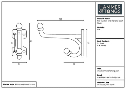 35mm x 85mm Flat Top Ball End Raw Hat & Coat Hook