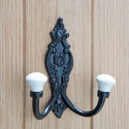 100mm x 115mm Black Ornate Double White Ceramic Coat Hook