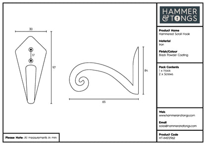 30mm x 95mm Black Hammered Scroll Hook