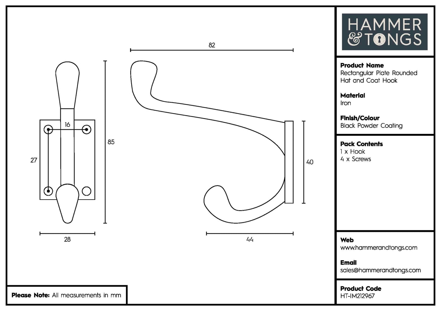 30mm x 85mm Black Rectangular Plate Rounded Hat & Coat Hook