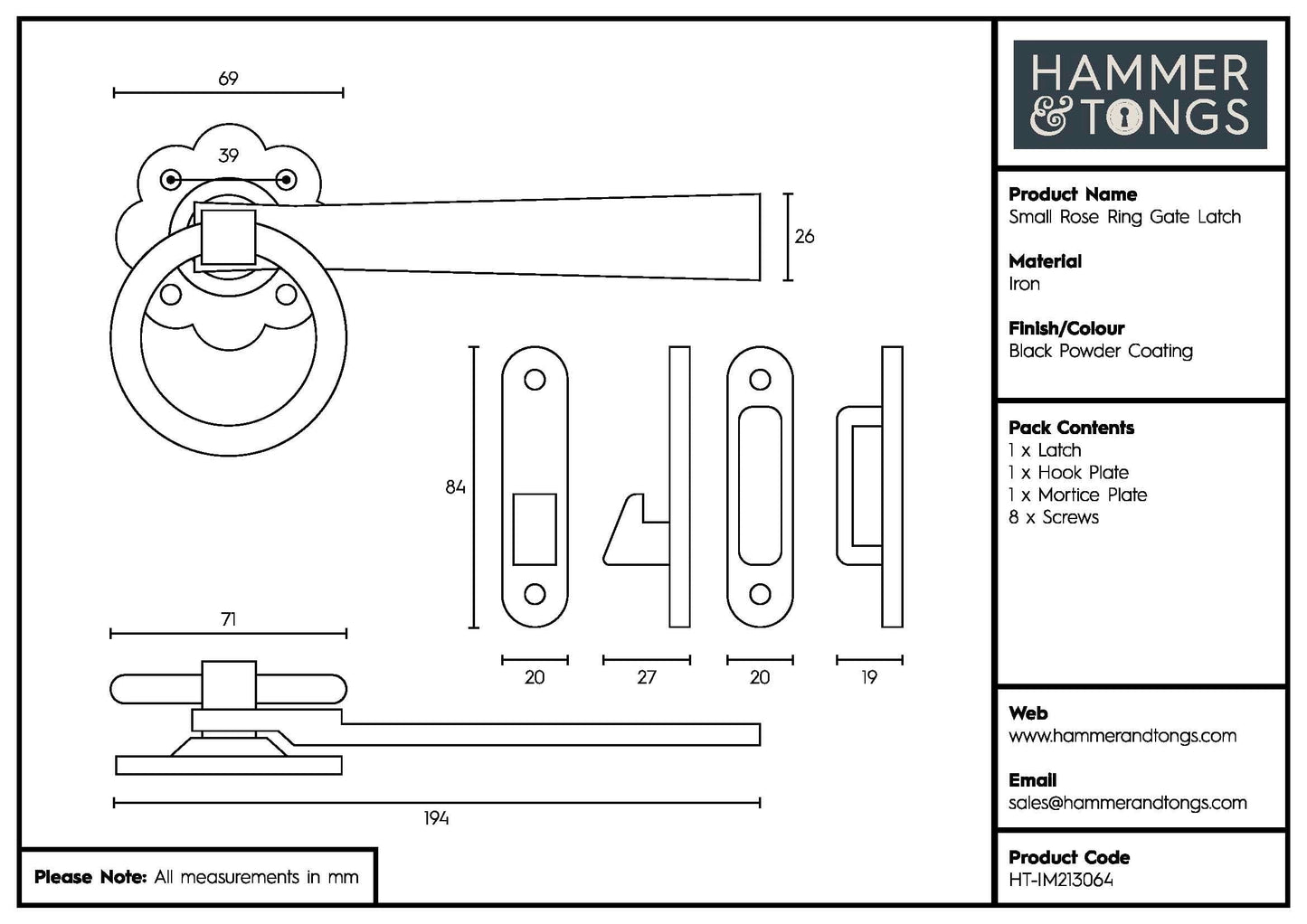 195mm Black Rose Ring Gate Latch