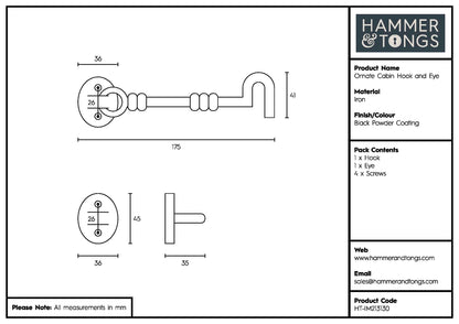 165mm Black Ornate Cabin Hook and Eye