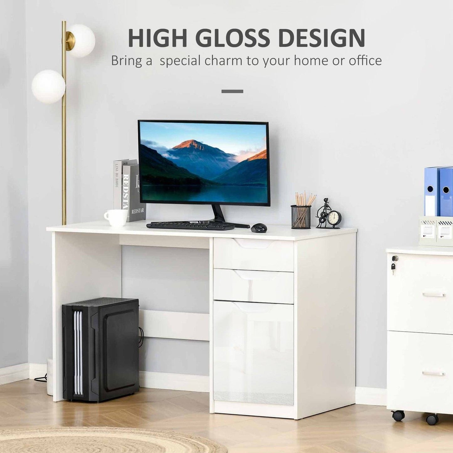 High Gloss Computer Desk with Drawers