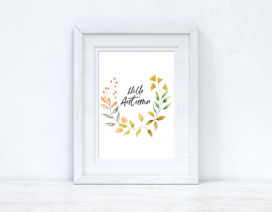 Hello Autumn Half Watercolour Wreath Autumn Seasonal Wall Home Decor Print