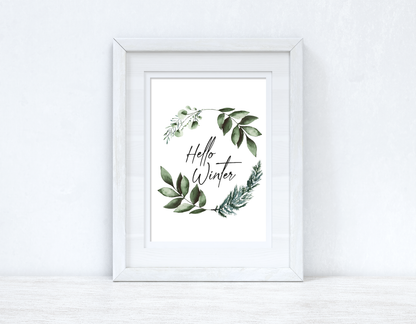 Hello Winter Greenery Pine Wreath Winter Christmas Seasonal Wall Home Decor Print
