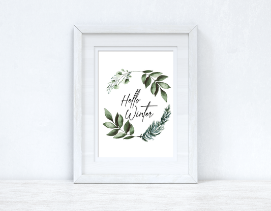 Hello Winter Greenery Pine Wreath Winter Christmas Seasonal Wall Home Decor Print